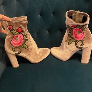 Steve Madden Velvet Heeled Boots with Pink Floral Embroidery